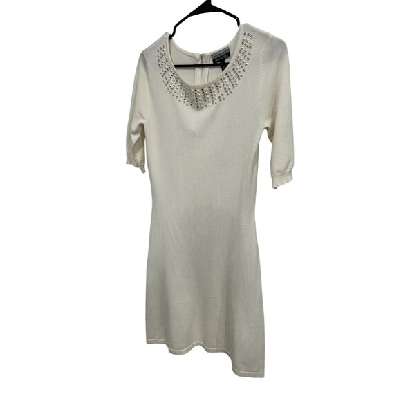 Allison Brittney White Short Sleeve Knit Dress Rhinestone Pearl Embellished Neck - Picture 3 of 8